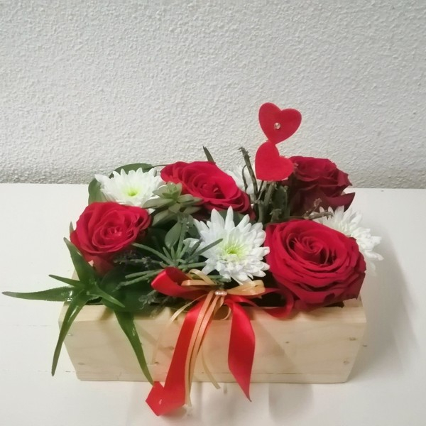 Caixa de rosas e suculentas